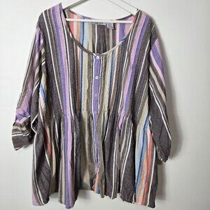 Roaman's Size 24W Chocolate Stripe Lightweight Cotton Roll-Tab Top Henley